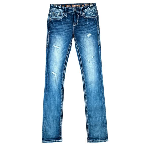 Rock Revival Womens Jeans Blue Denim Tallis Mid Rise Straight Embroidered 26 - Picture 1 of 13